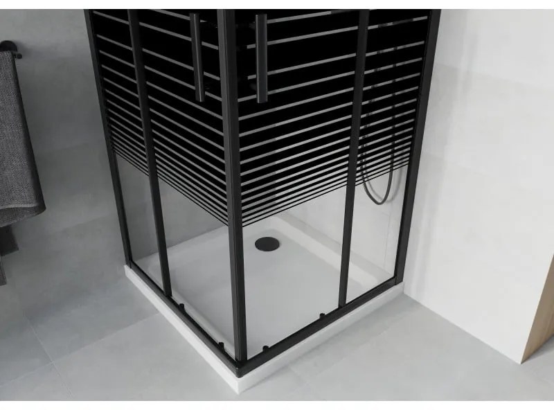 Mexen Rio, štvorcový sprchovací kút s posuvnými dverami 70(dvere) x 70(dvere) x 190 cm, 6mm číre sklo s pásikmi, čierny profil + biela sprchová vanička SLIM, 860-070-070-70-20-4010B