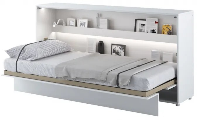 Horizontálna sklápacia posteľ s LED lampou 90x200 CELENA - biela / lesklá biela