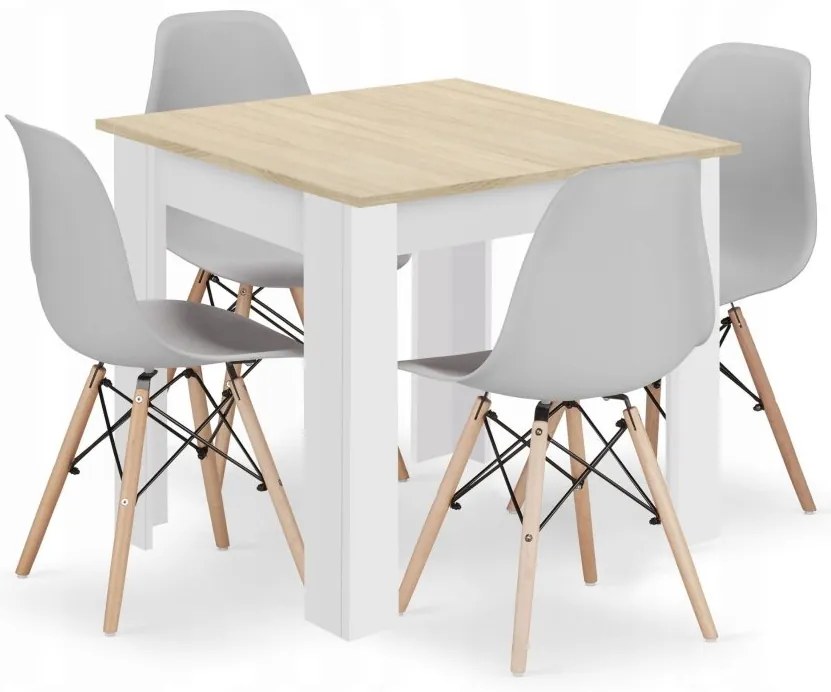 Jedálenská zostava stôl Dub sonoma/ biele nohy 80 X 80 + 4 stoličky OSAKA sivé / prírodné nohy