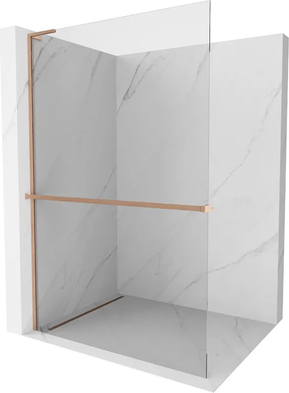 Mexen Kioto+ L, sprchová zástena Walk-In s poličkou a vešiakom 80 x 200 cm, 8mm číre sklo, medený matný profil, 800-080-123-65-00