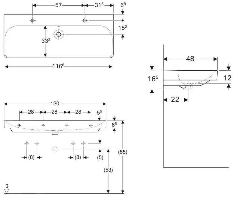 Geberit Smyle Square, dvojumývadlo 1200x480 mm s prepadom, 2 otvory na batérie, biela, GEB-500.253.01.1