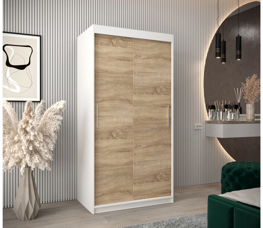 Šatníková skriňa 100 cm Toki (Biela matná + Dub sonoma). Akcia -41%. Vlastná spoľahlivá doprava až k Vám domov. 1064792