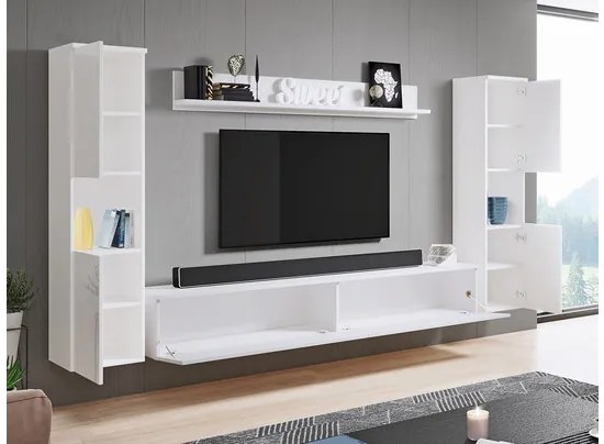 Obývacia stena Bamisio XL, Farby: matera / biely lesk, Osvetlenie: osvetlenie LED biele