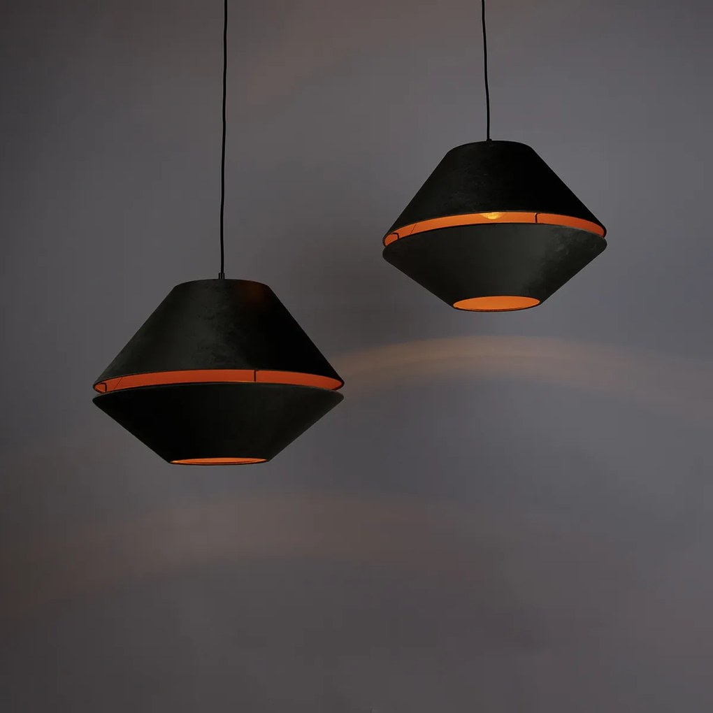 Závesná lampa čierna s dvojitým zamatovým tienidlom zelená so zlatým interiérom 2-svetlá - Cava Luxe