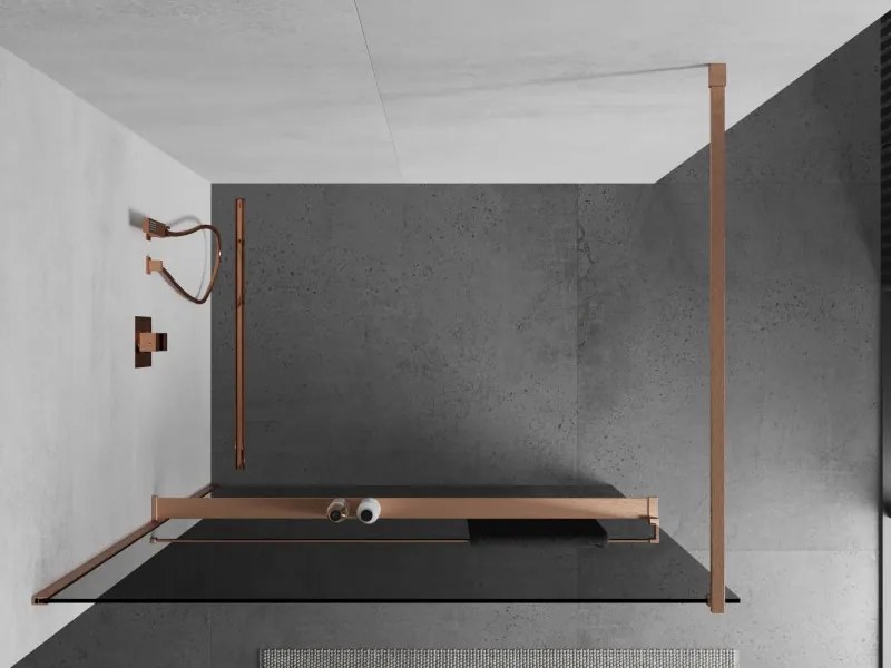Mexen Kioto+, sprchová zástena Walk-In s poličkou a vešiakom 70 x 200 cm, 8mm šedé sklo, medený matný profil, 800-070-121-65-40