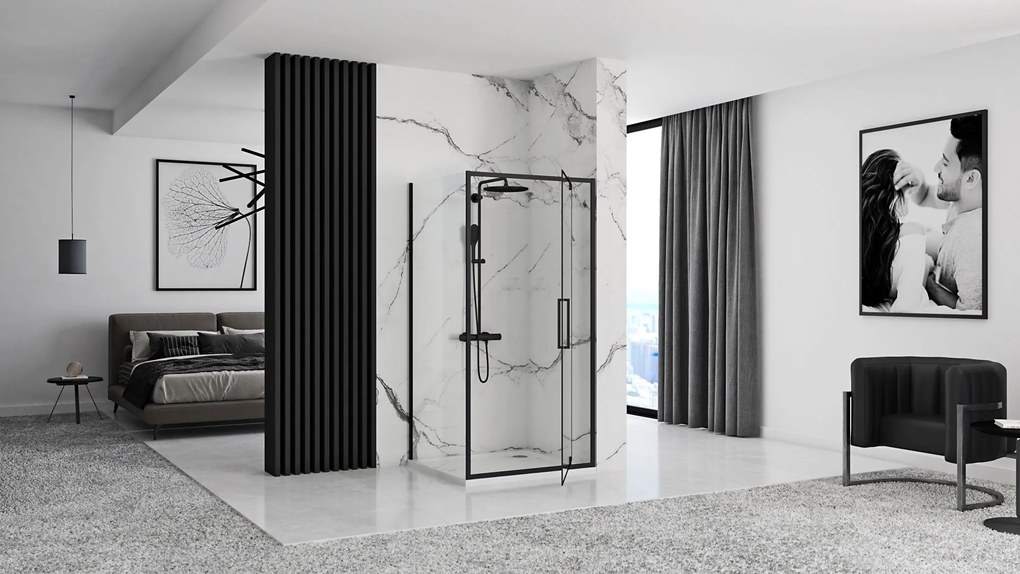 Štvorcový sprchovací kút REA RAPID SWING 90x90 cm, čierny/transparent - bez vaničky