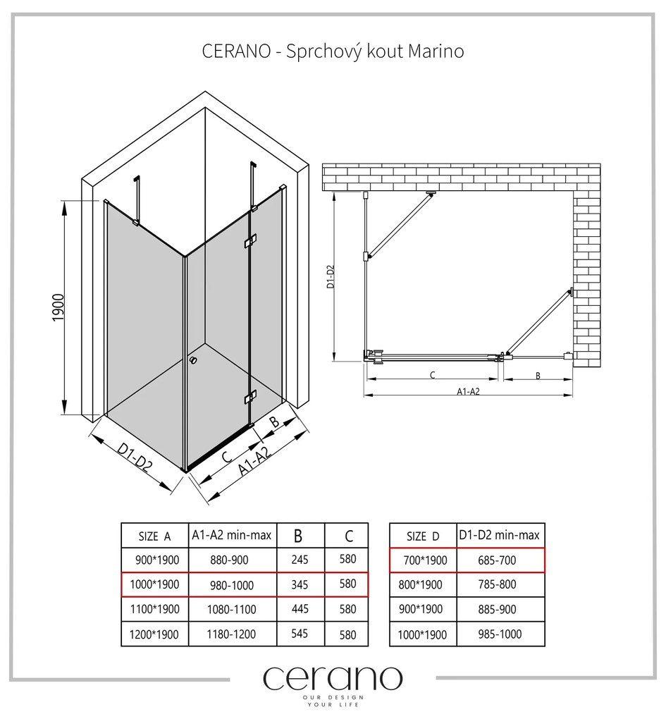 Cerano Marino, sprchovací kút 100(dvere) x 70(stena) x 190 cm, 6mm číre sklo, čierny profil, CER-CER-422868