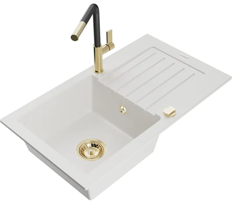 Mexen Pablo, 1-komorový granitový drez 752x436x161 mm a drezová batéria Flora, biela, 6510-20-670401-57-G