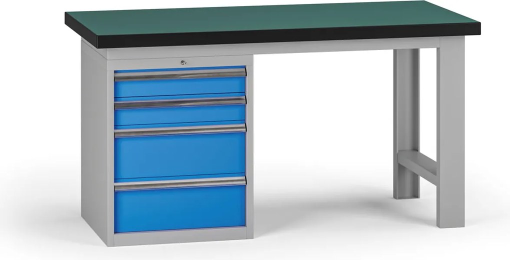 Pracovný stôl do dielne G8, 1500 x 750 x 800 mm, 1x kontejner, 4 zásuvky, modrá