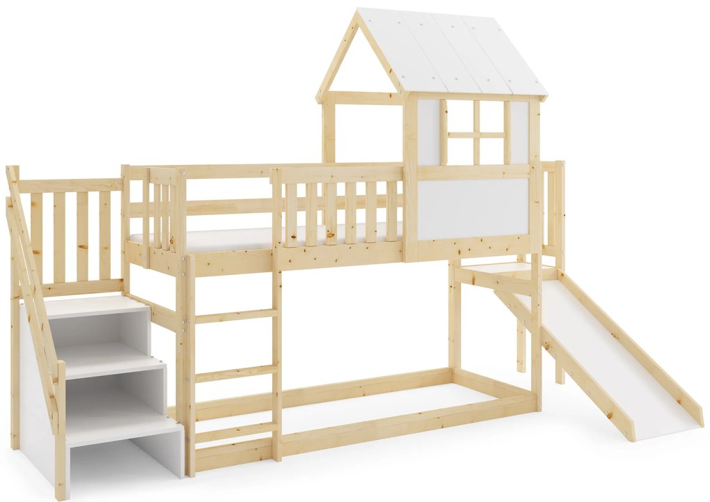 Posteľ ANTRESOLA 200×90 cm so šmykľavkou, schodíkmi a strieškou – borovica