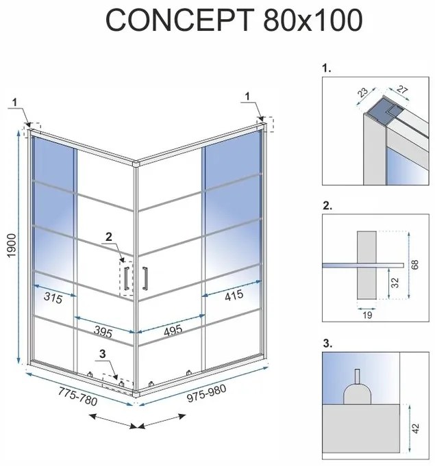 Rea Concept, sprchový kút s posuvnými dverami 80 (dvere) x 100 (dvere) x 190 cm, 5 mm číre sklo, čierny profil, REA-K6389