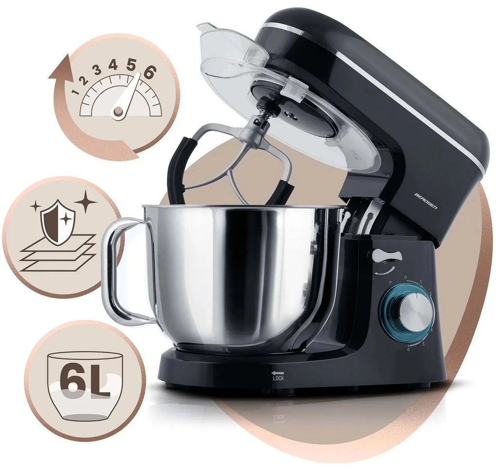 Berdsen 1400 W BD-756 3-v-1 planetárny mixér kuchynský robot 6 l Farba: čierno-zlatý