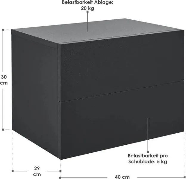 Závesný nočný stolík 40x29x30 cm čierny, 2 zásuvky