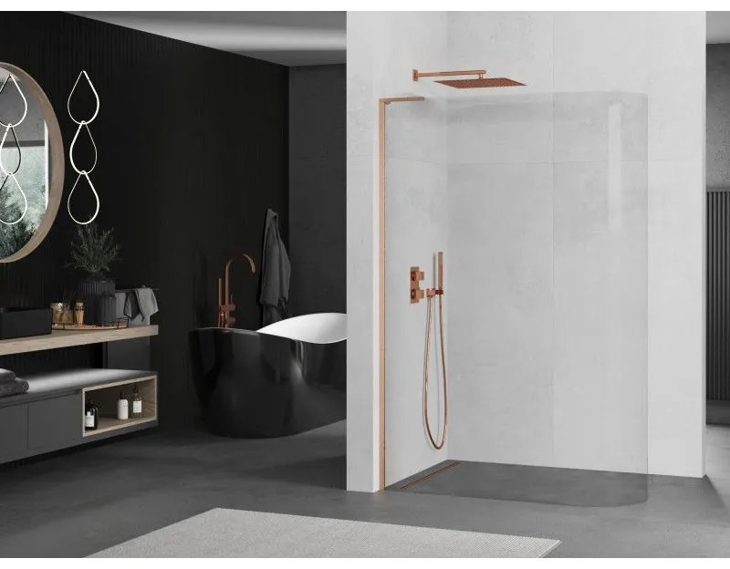 Mexen Kioto L, sprchová zástena Walk-In 90 x 200 cm, 8mm číre sklo, medený matný profil, 800-090-103-65-06
