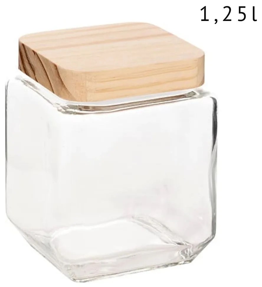 5Five® Sklenená bytelná dóza hranatá s dreveným vekom, 1,25l KWADR