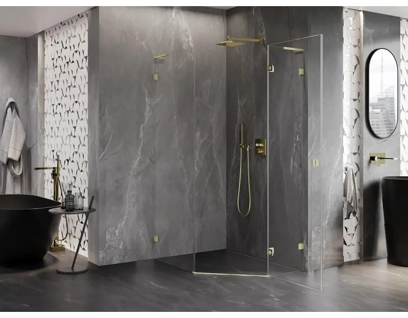 Mexen Lunar, L pravý výklopný päťuholníkový sprchový kút 80 x 90 cm, 8mm číre sklo, zlatý matný profil, 831L-080P-090L-55-00-P