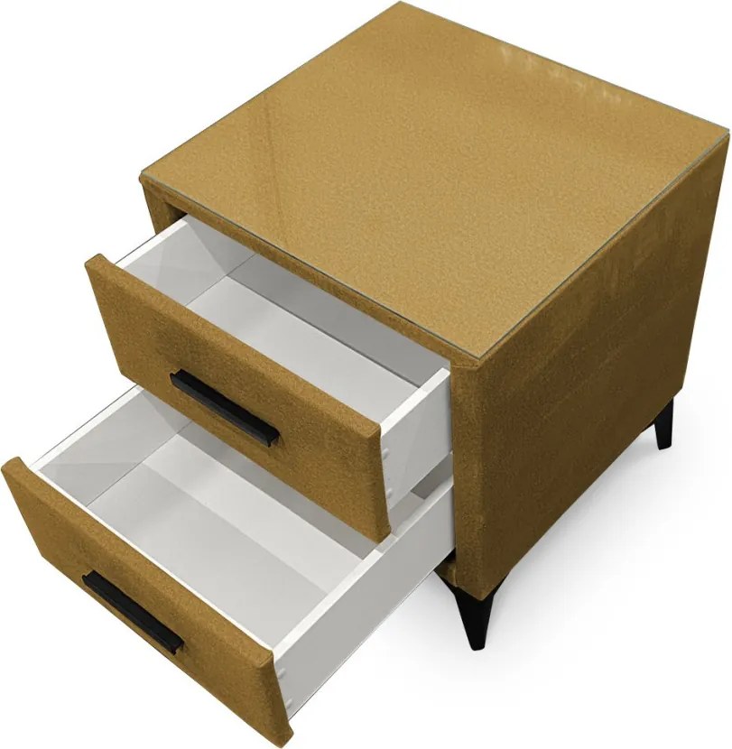 Nočný stolík s 2 zásuvkami Joy, horčicovo žltá látka