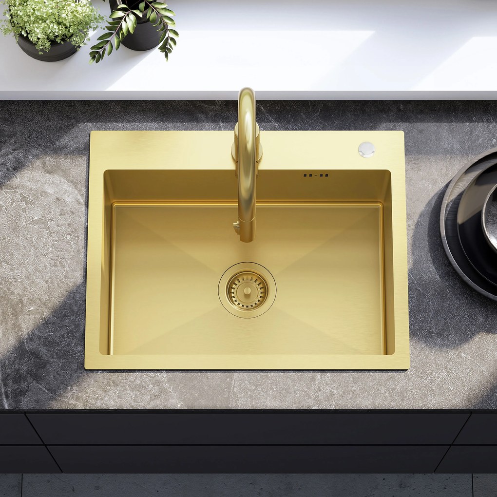 Rea Liam, oceľový kuchynský drez 530x450x200mm + sifón, zlatá matná, ZLE-06007