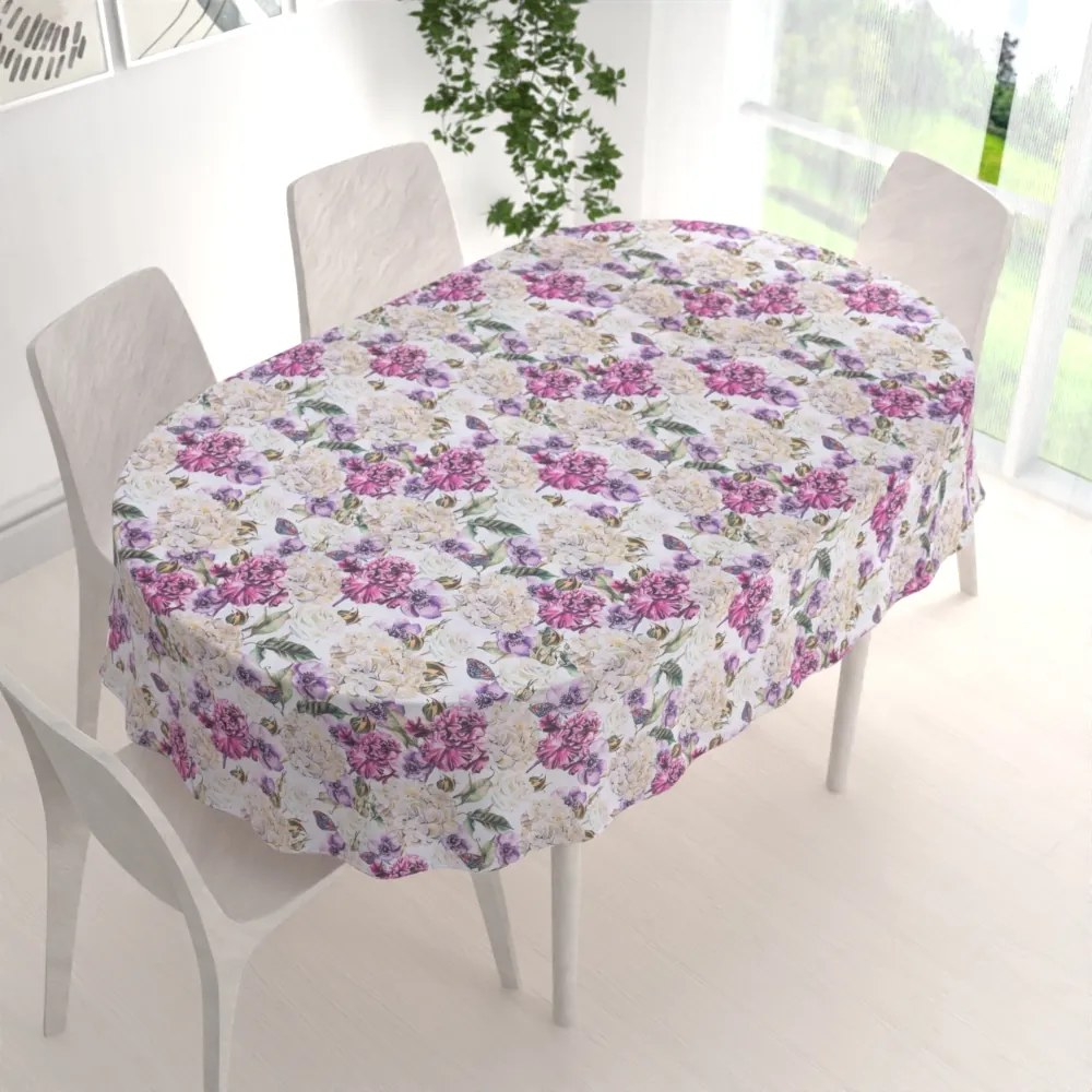Biante Dekoračný oválny obrus PML-108 Fialové kvety s motýlikmi na bielom 140x180 cm