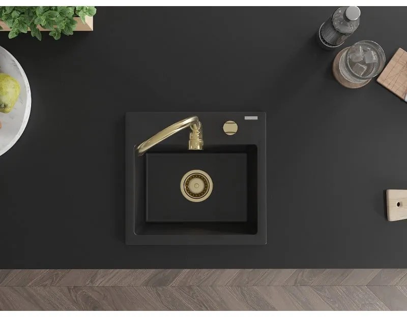 Mexen Milo, granitový drez 435x410x171 mm, 1-komorový, čierna so zlatým sifónom, 6505441000-77-G