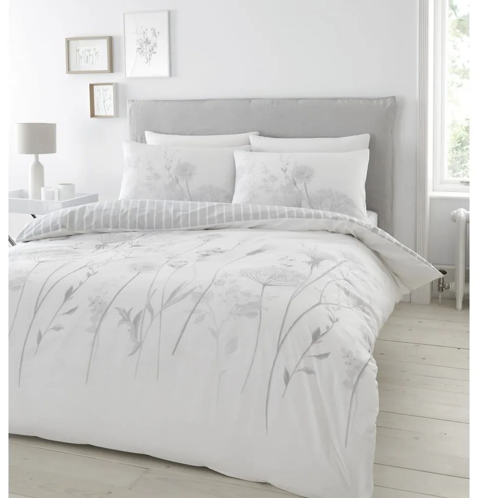 Biele/sivé obliečky na dvojlôžko/predĺžené 230x220 cm Meadowsweet Floral – Catherine Lansfield