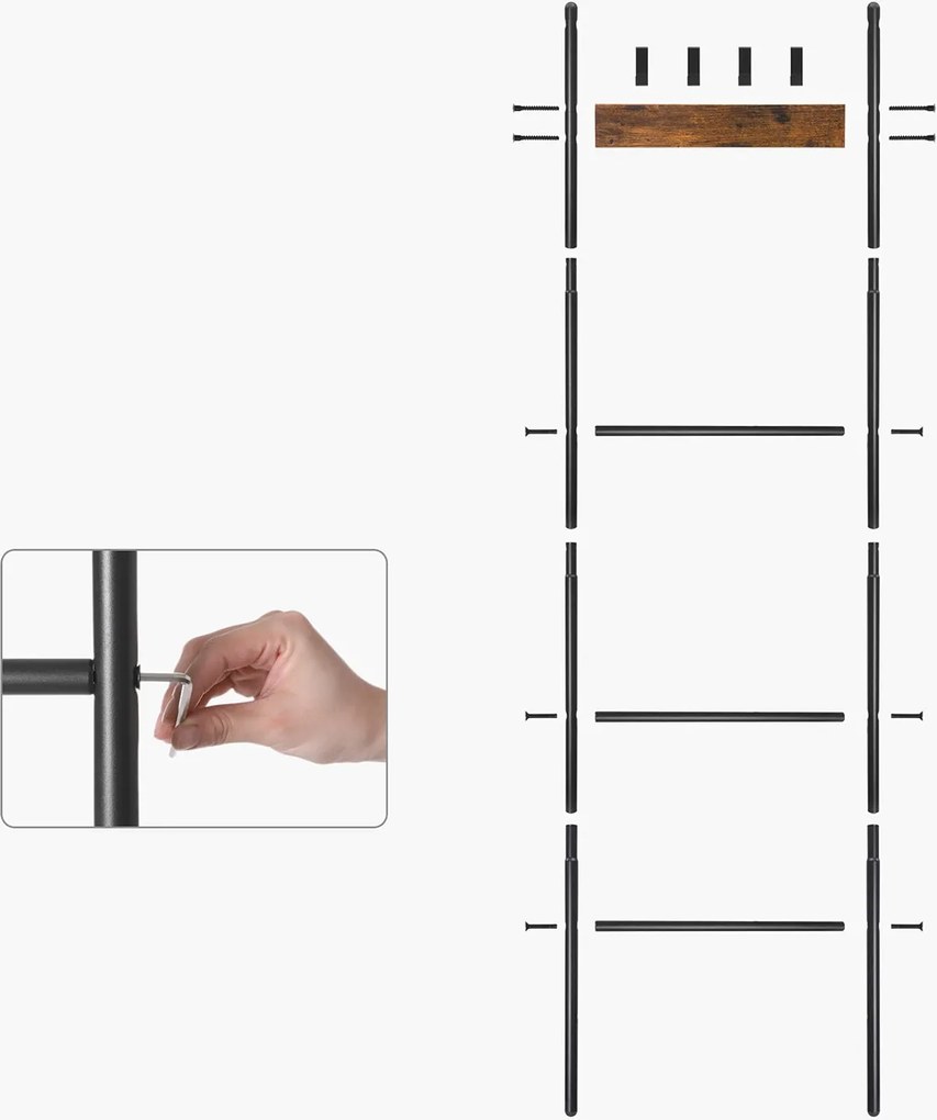 Dekoratív rebríkový regál, držiak na uteráky, 5-poschodový, 44 x 160 cm, hnedý a čierny
