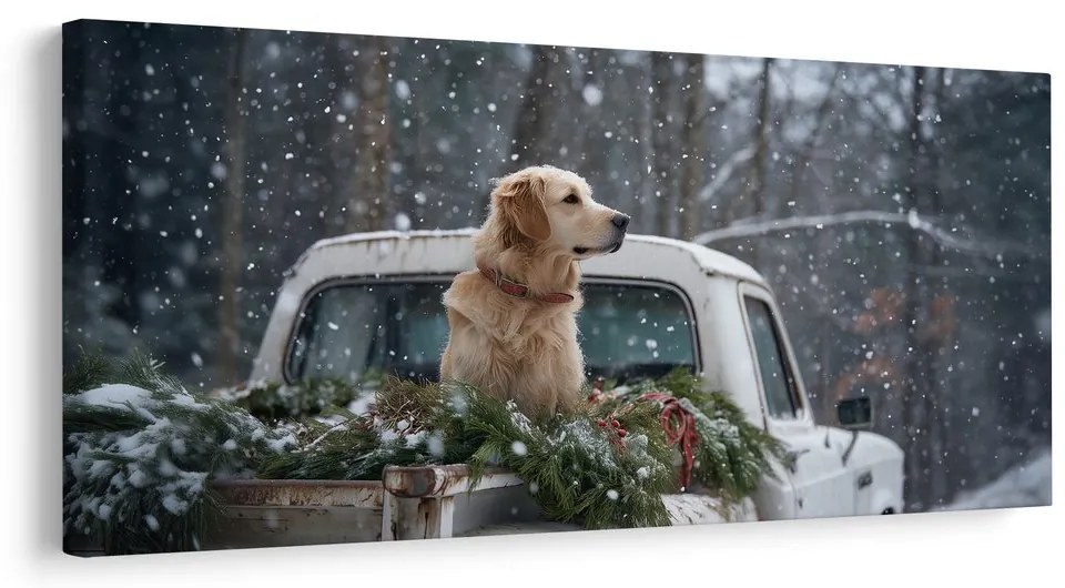 Vianočný obraz pes na korbe plnej ihličia