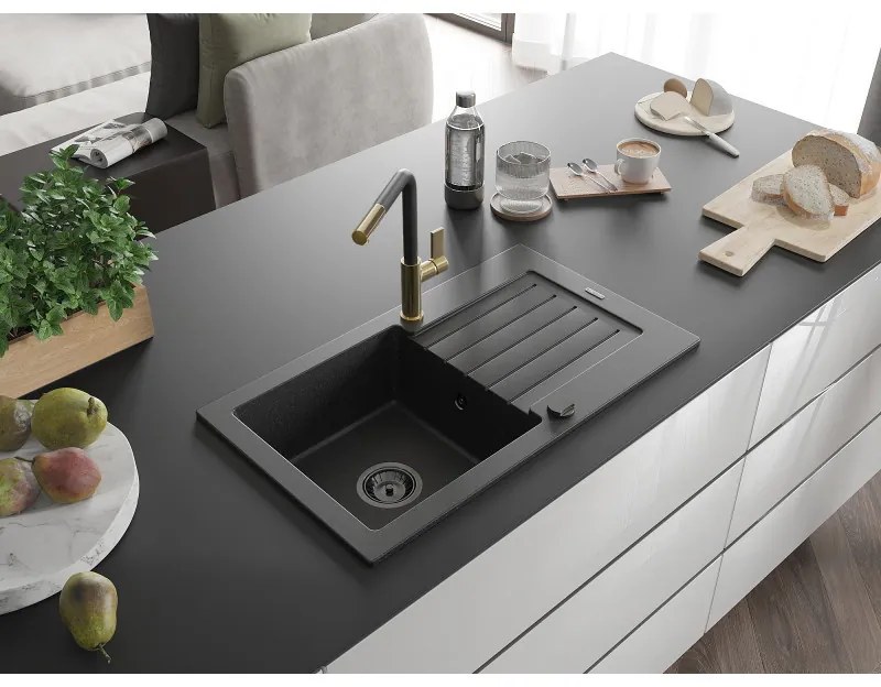 Mexen Pablo, 1-komorový granitový drez 752x436x161 mm a drezová batéria Flora, čierna-strieborná metalíza, 6510-73-670401-57-B