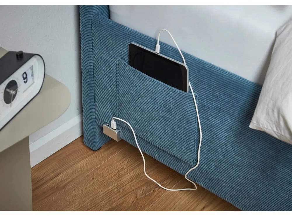 Modrá čalúnená rohová detská posteľ s úložným priestorom s roštom 140x200 cm Cool – Meise Möbel