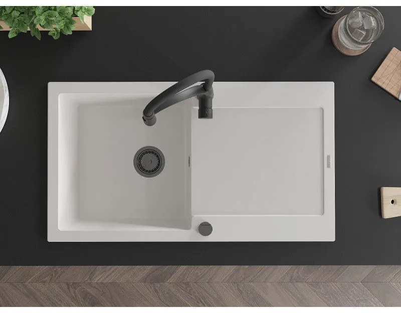 Mexen Leo, granitový drez 900x500x190 mm, 1-komorový a drezová batéria Aster, biela, 6501-20-73450-70-B