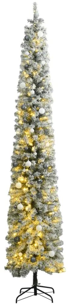 Úzky vianočný stromček 300 LED, zasnežený s guľami 270 cm 3210244