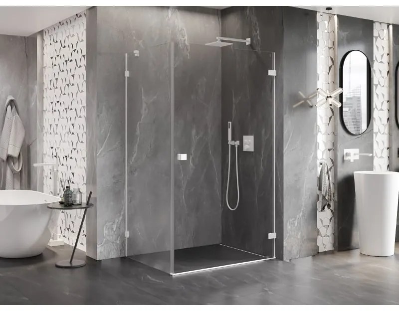 Mexen Lunar-B, pravostranný výklopný sprchový kút 85 x 70 cm, 8mm číre sklo, biely profil, 832-085-070-20-00-P