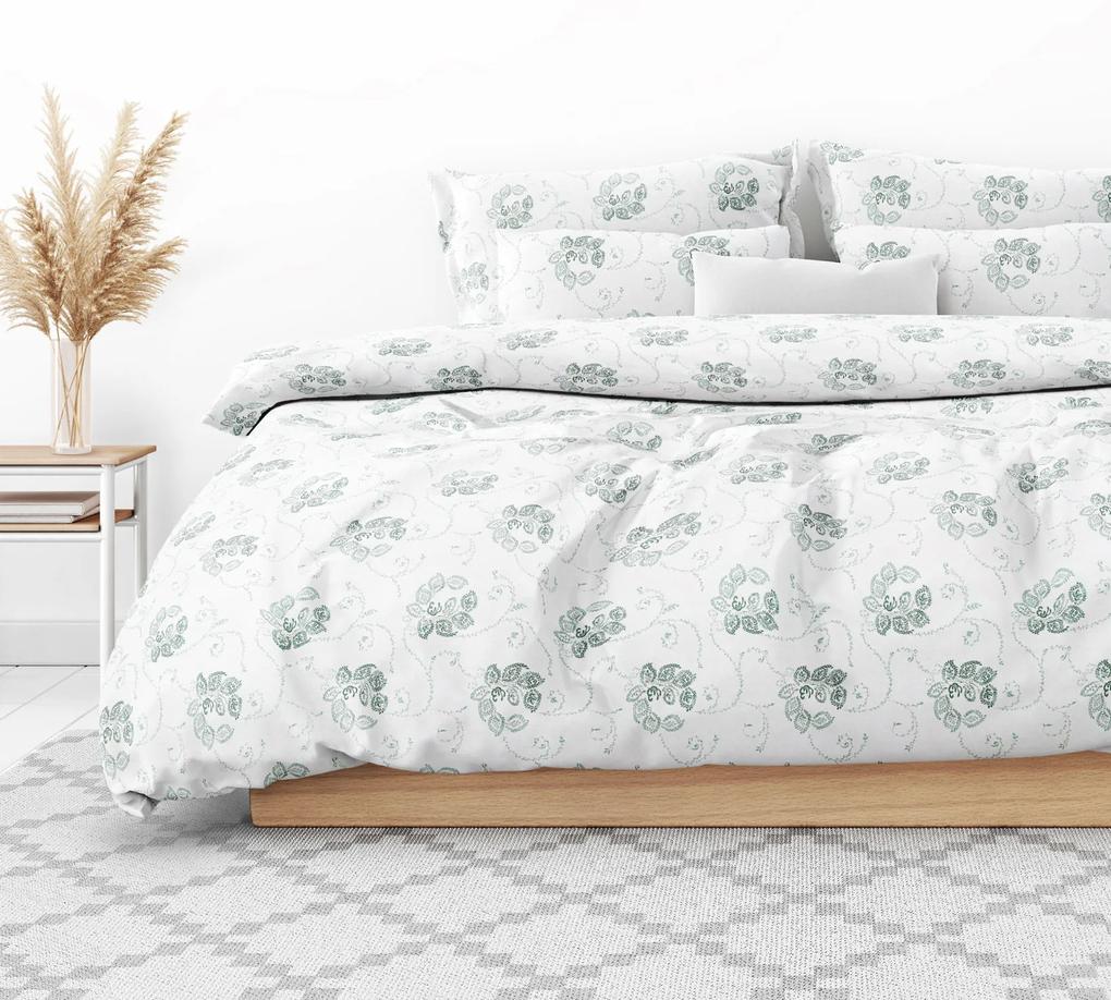 Goldea flanelové posteľné obliečky - tmavo zelené kvetované ornamenty na bielom 140 x 220 a 70 x 90 cm