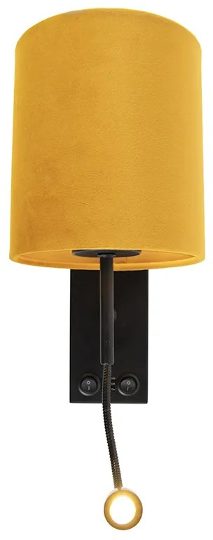 Nástenná lampa čierna s plyšovým žltým tienidlom - Stacca