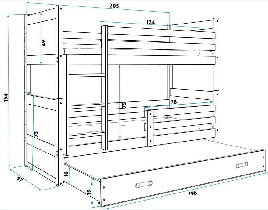 Interbeds Poschodová posteľ Rico 3 trojmiestna borovica 200cm x 90cm modrá