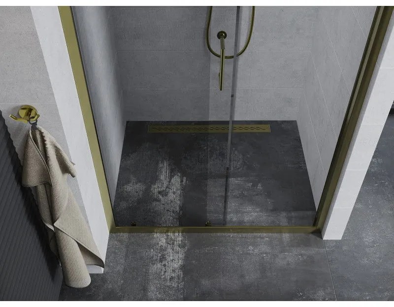 Mexen Apia, posuvné dvere do otvoru 145 x 190 cm, 6mm číre sklo, zlatý profil, 845-145-000-50-00