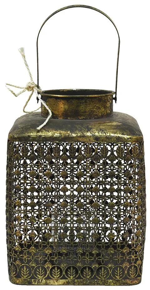 Zlatá antik kovová lampáš s ornamentmi - 23*23*32 cm