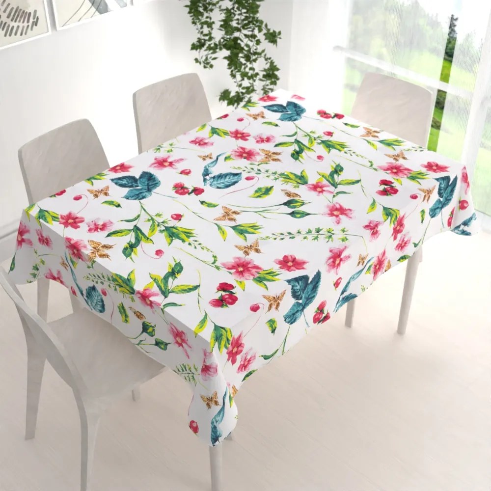 Biante Bavlnený obdĺžnikový obrus Sandra SA-383 Ružovočervené kvety s motýlikmi 120x180 cm