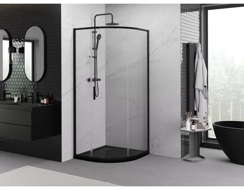 Mexen Exo, štvrťkruhový sprchovací kút s posuvnými dverami 70 x 70 cm, 6mm číre sklo, čierny profil, 8131-070-070-70-00