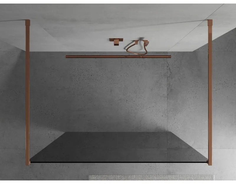 Mexen Kioto, priechodná sprchová zástena 100 x 200 cm, 8mm šedé sklo, 2x stabilizačná rozpera, ružové zlato, 800-100-002-60-40