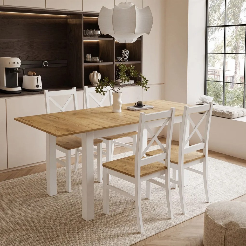 ROZKLÁDACÍ JEDÁLENSKÝ STÔL DANILO BIELY + DUB CRAFT ZLATÝ 140 / 195 cm + 4 STOLIČKY