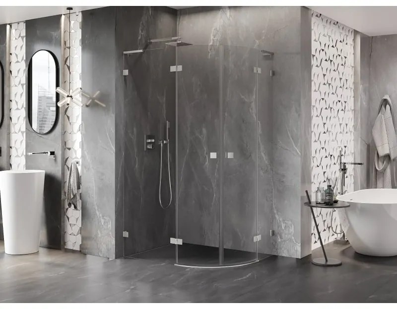 Mexen Lunar, L polkruhový sprchový kút naklápací doľava 90 x 80 cm, 8mm číre sklo, oceľový profil, 833L-090L-080P-97-00