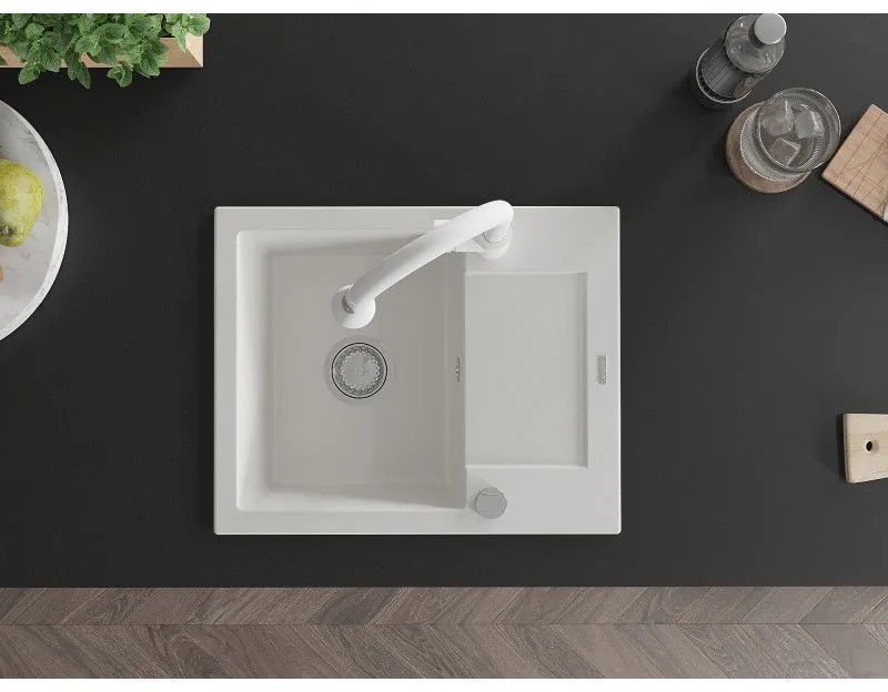 Mexen Enzo, 1-komorový granitový drez 576x465x174 mm a drezová batéria Elia, biela, 6506-20-670101-20