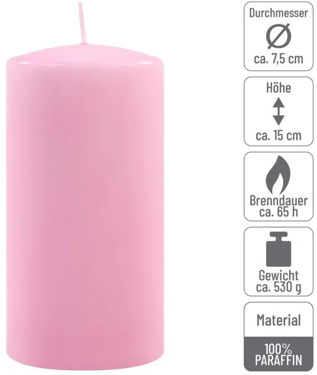 Sada stĺpových sviečok, 15 cm, Ø 7,5 cm, ružová, 4 ks