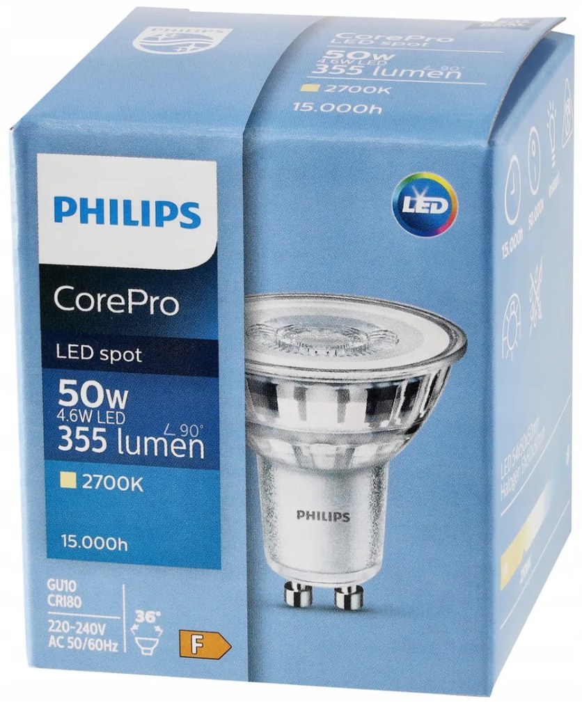 LED žiarovka Philips GU10 - 4,6 W - 355 Lm 36 ° - teplá biela - CorePro Premium