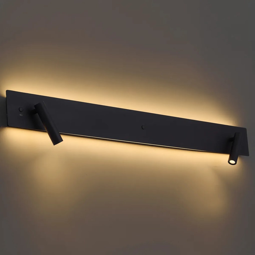 Moderná čierna 2-svetelná nástenná lampa vrátane LED s podsvietením a USB-C - Longly