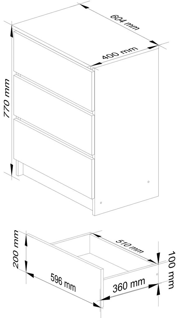 Komoda Kuba 60 cm - 3 zásuvky biela lesklá