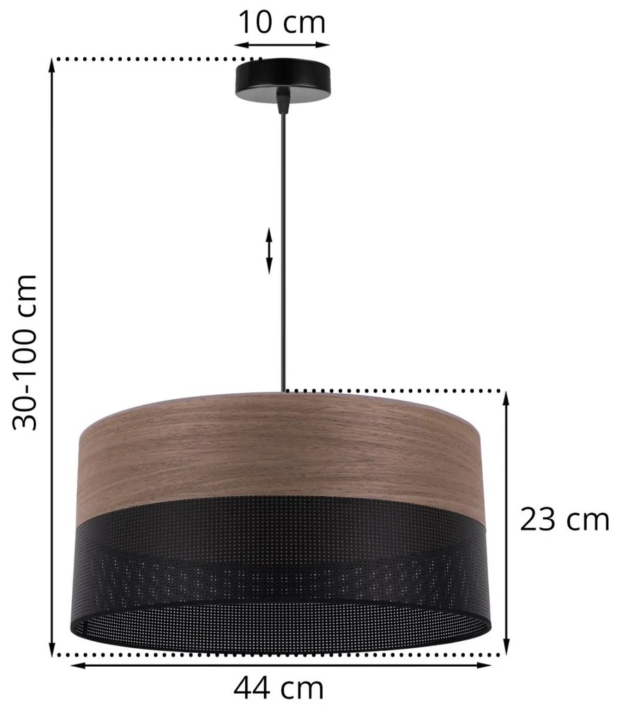 Závesné svietidlo Wood, 1x hnedá orechová dýha/čierne PVC tienidlo, (fi 44cm)