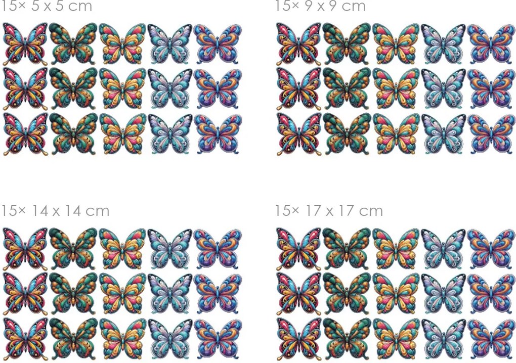 15 farebných motýľikov textilné preliepateľné nálepky na stenu 15 ks 9x9 cm