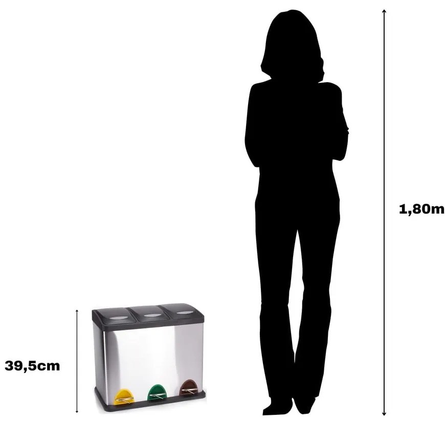 Oceľový odpadkový kôš 3x8 l na triedený odpad/nášľapný v matne striebornej farbe Tri Selectif – MSV